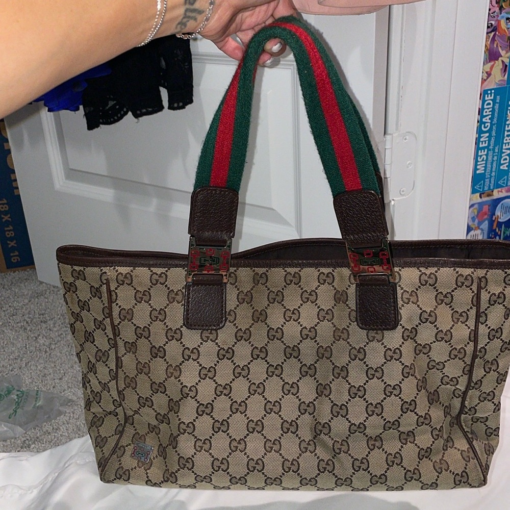 Authentic Gucci Gg Canvas Sherry Line Tote Bag Beige 145758